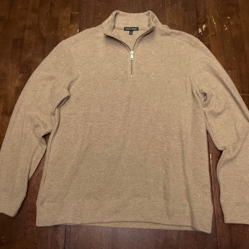 Banana Republic Quarter Zip Pullover Mens M Tan Textured Cotton Blend 1799236